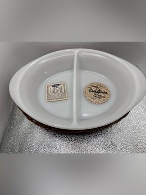 Vtg Glasbake Milk Glass White Divided Serving Dish with Basket NWT